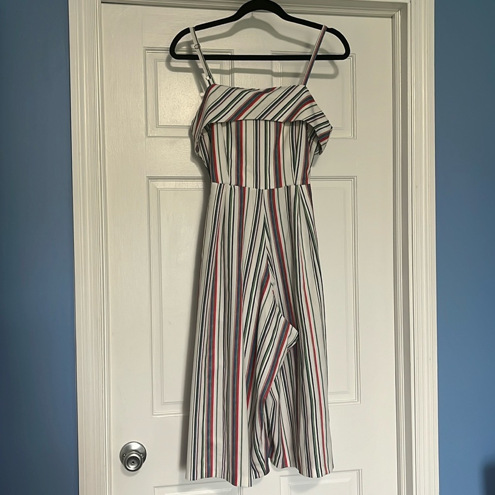 Unique Vintage size small white striped wide leg cropped length jumpsuit romper